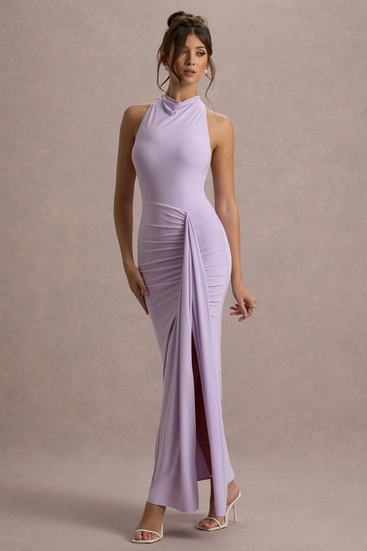 Sunflower Lilac Ruched High-Neck Split Maxi Dress Club L London - SA Sunflower Lilac Ruched High-Neck Split Maxi Dress Club L London - SA