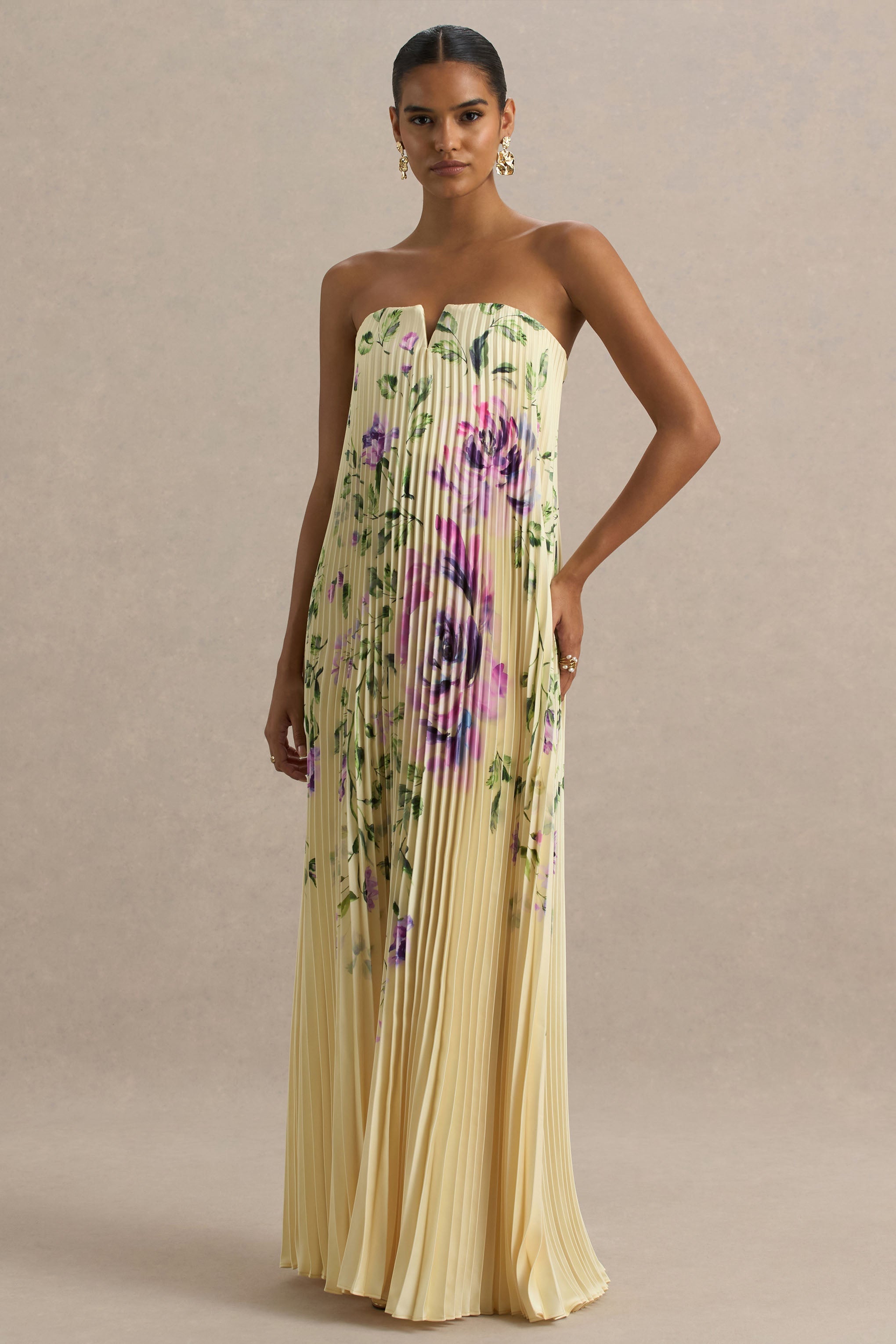 Bergamot | Lemon Rose Print Satin Sweetheart Maxi Dress – Club L