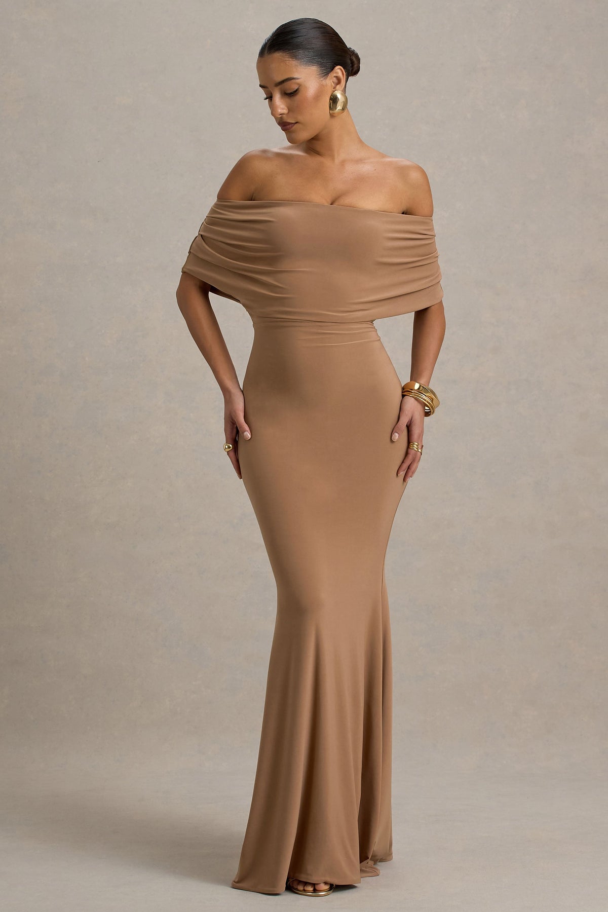 Bowden Mocha Bardot Maxi Dress Club L London - SA Bowden Mocha Bardot Maxi Dress Club L London - SA