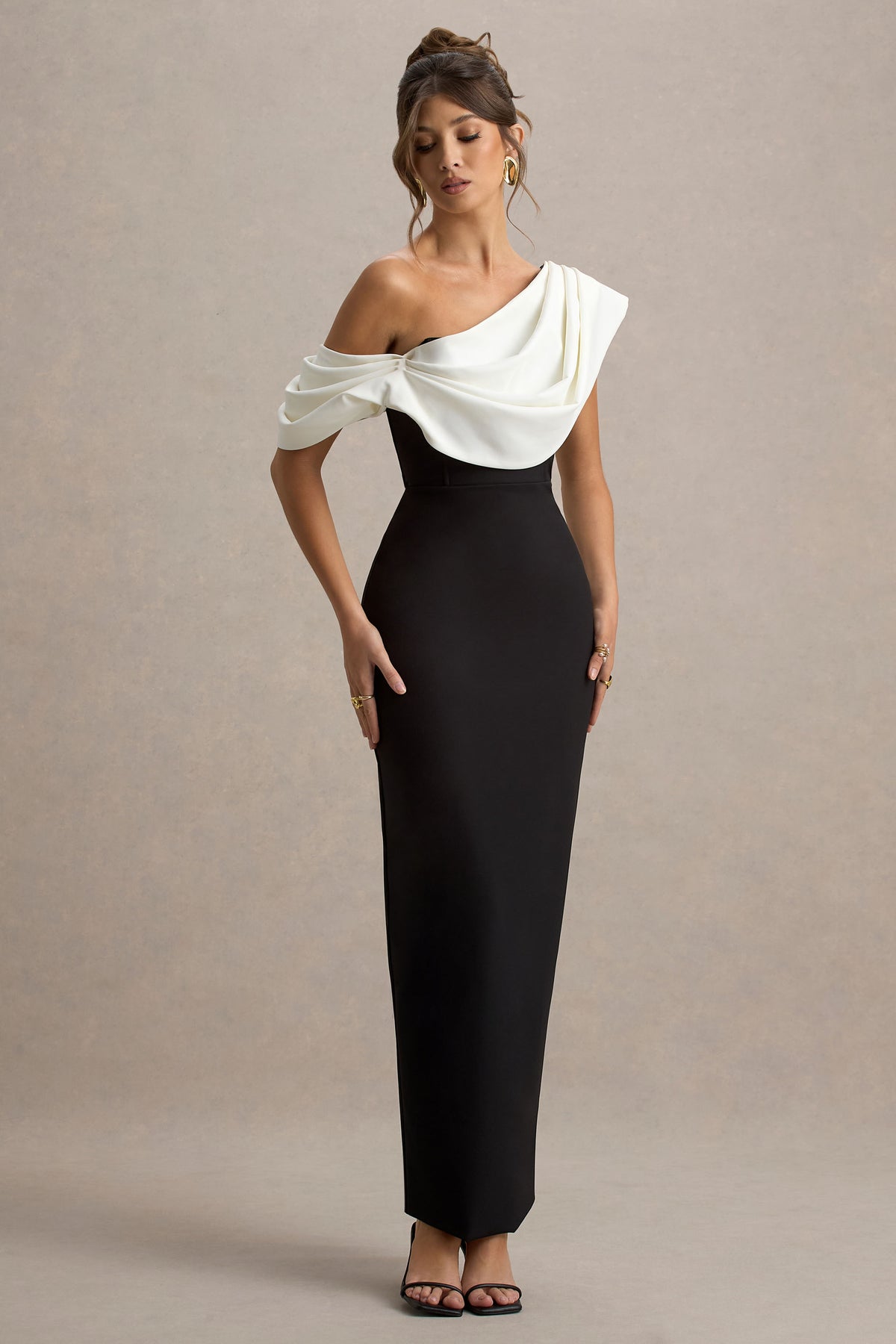 off the shoulder dress black and white & Off-shoulder Crepe Maxi shopaleena This stretchy crepe knit dress starts with a white Off Shoulder Dress for Women