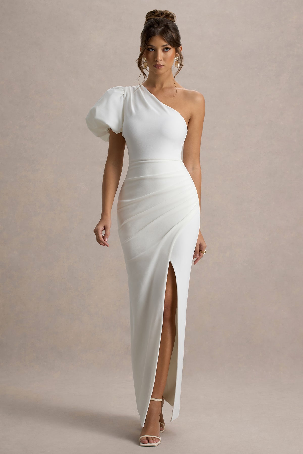 Vittoria White Asymmetric Puff-Sleeve Split Maxi Dress Club L London - SA Vittoria White Asymmetric Puff-Sleeve Split Maxi Dress Club L London - SA