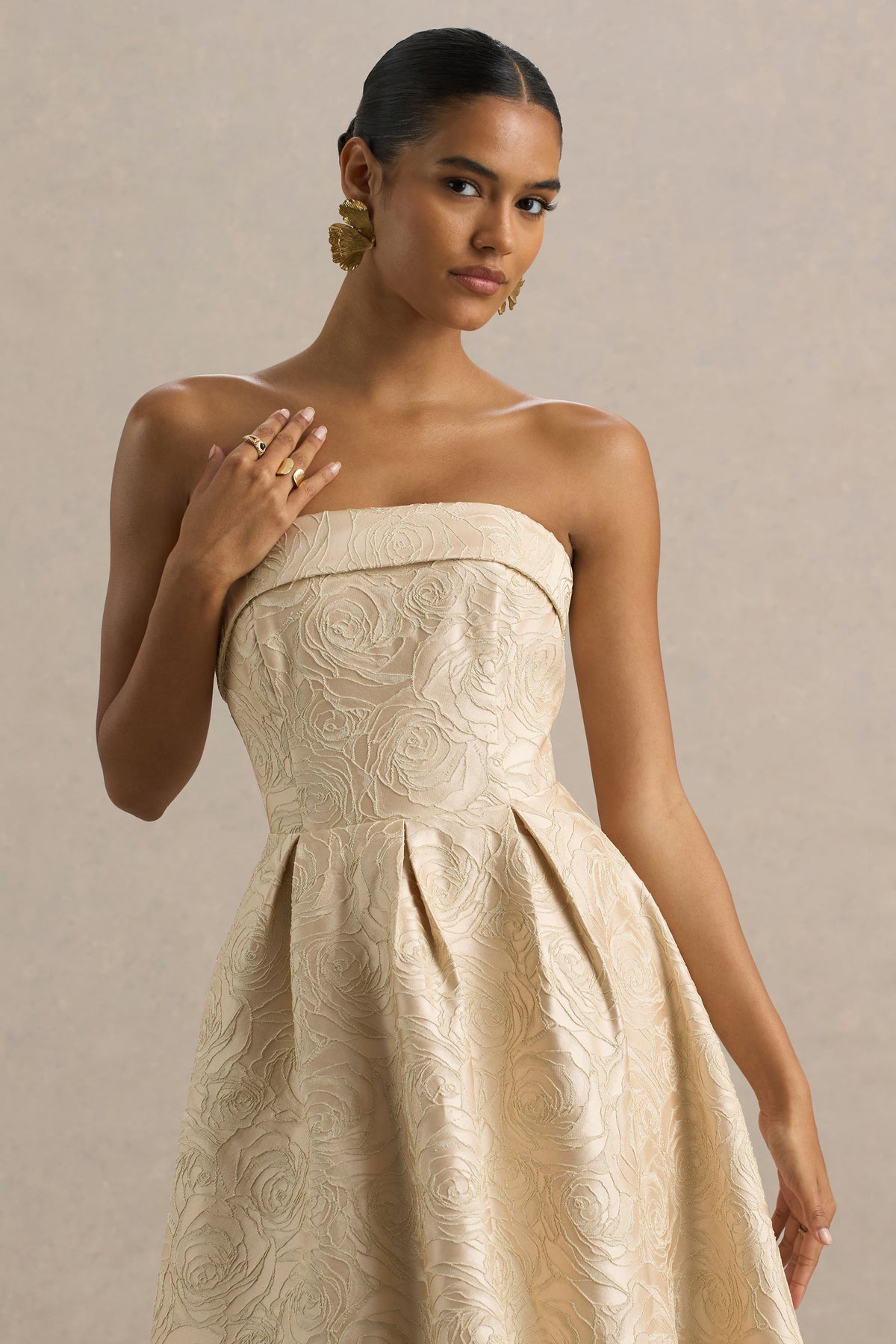 Hypnotic Gold Jacquard Bandeau Midi Dress Club L London - SA Hypnotic Gold Jacquard Bandeau Midi Dress Club L London - SA