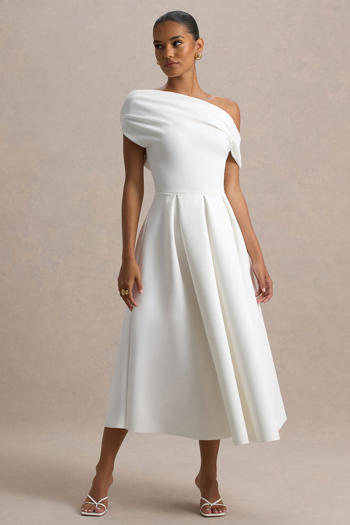 Demi White Asymmetric-Neck Midi Dress Club L London - SA Demi White Asymmetric-Neck Midi Dress Club L London - SA