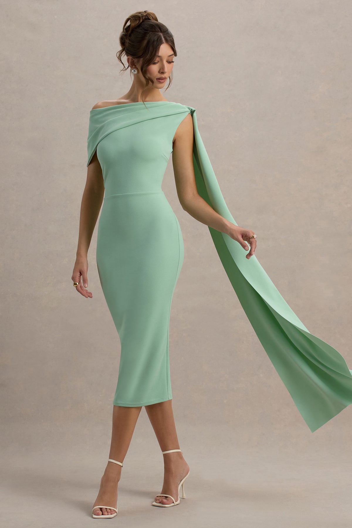 Niamh Sage Asymmetric Midi Dress With Drape Club L London - SA Niamh Sage Asymmetric Midi Dress With Drape Club L London - SA