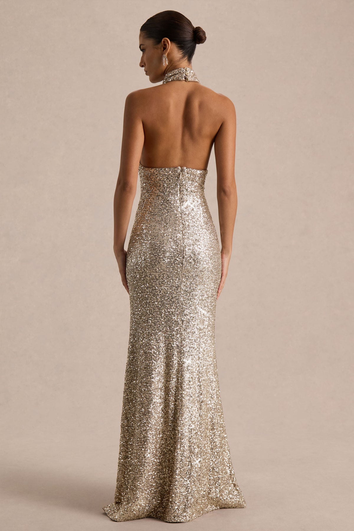 Tulia Gold Sequin High-Neck Maxi Dress Club L London - SA Tulia Gold Sequin High-Neck Maxi Dress Club L London - SA