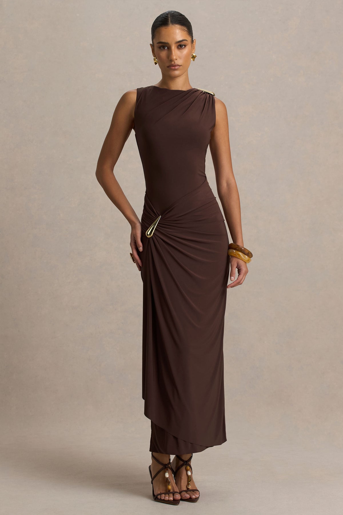 Fiora Brown High-Neck Maxi Dress With Metal Details Club L London - SA Fiora Brown High-Neck Maxi Dress With Metal Details Club L London - SA