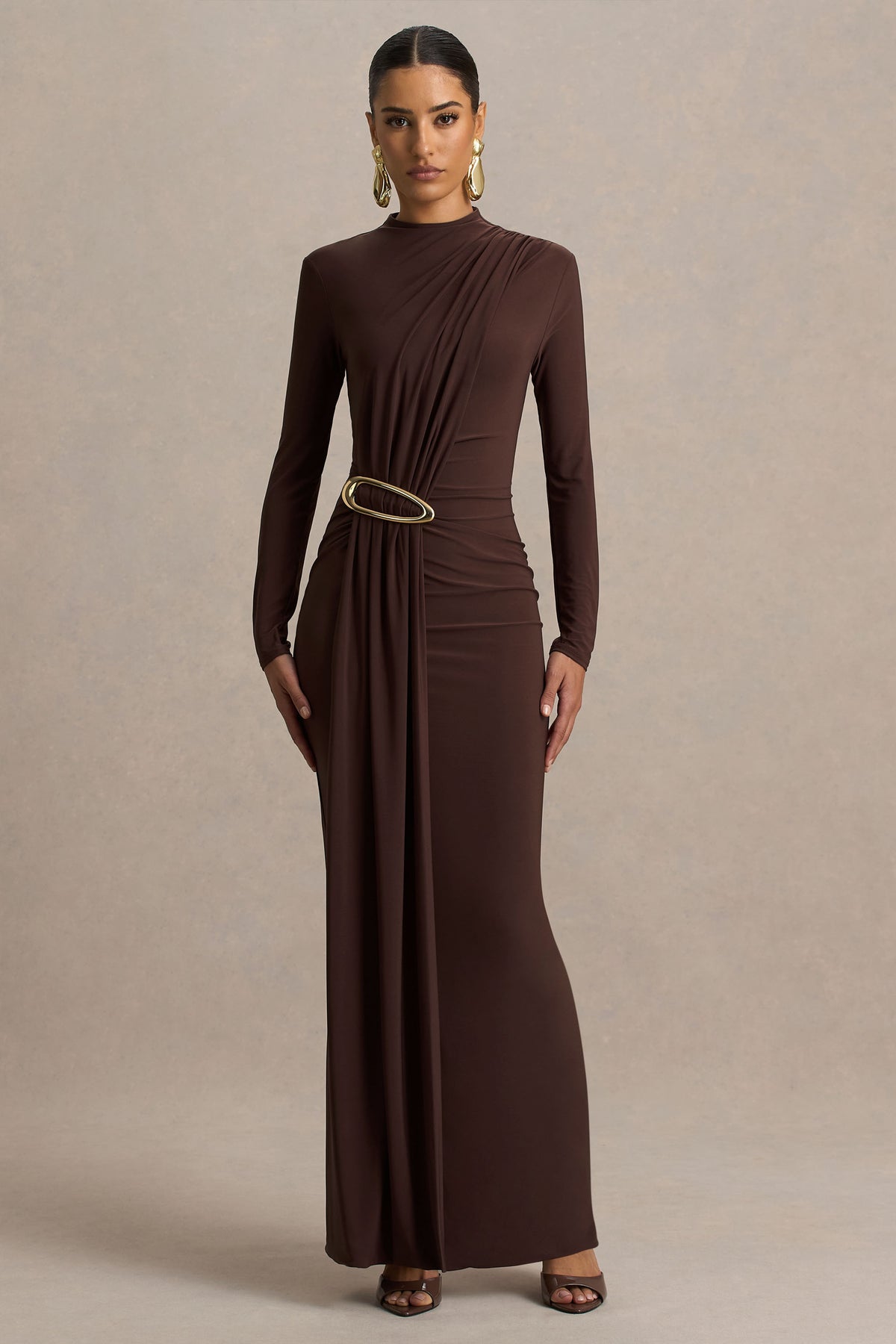 Zadie Brown High-Neck Midi Dress With Gathered-Detail Club L London - SA Zadie Brown High-Neck Midi Dress With Gathered-Detail Club L London - SA