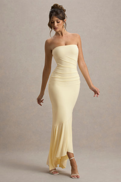 Capria Pale Lemon Bandeau Wrap Maxi Dress – Club L London