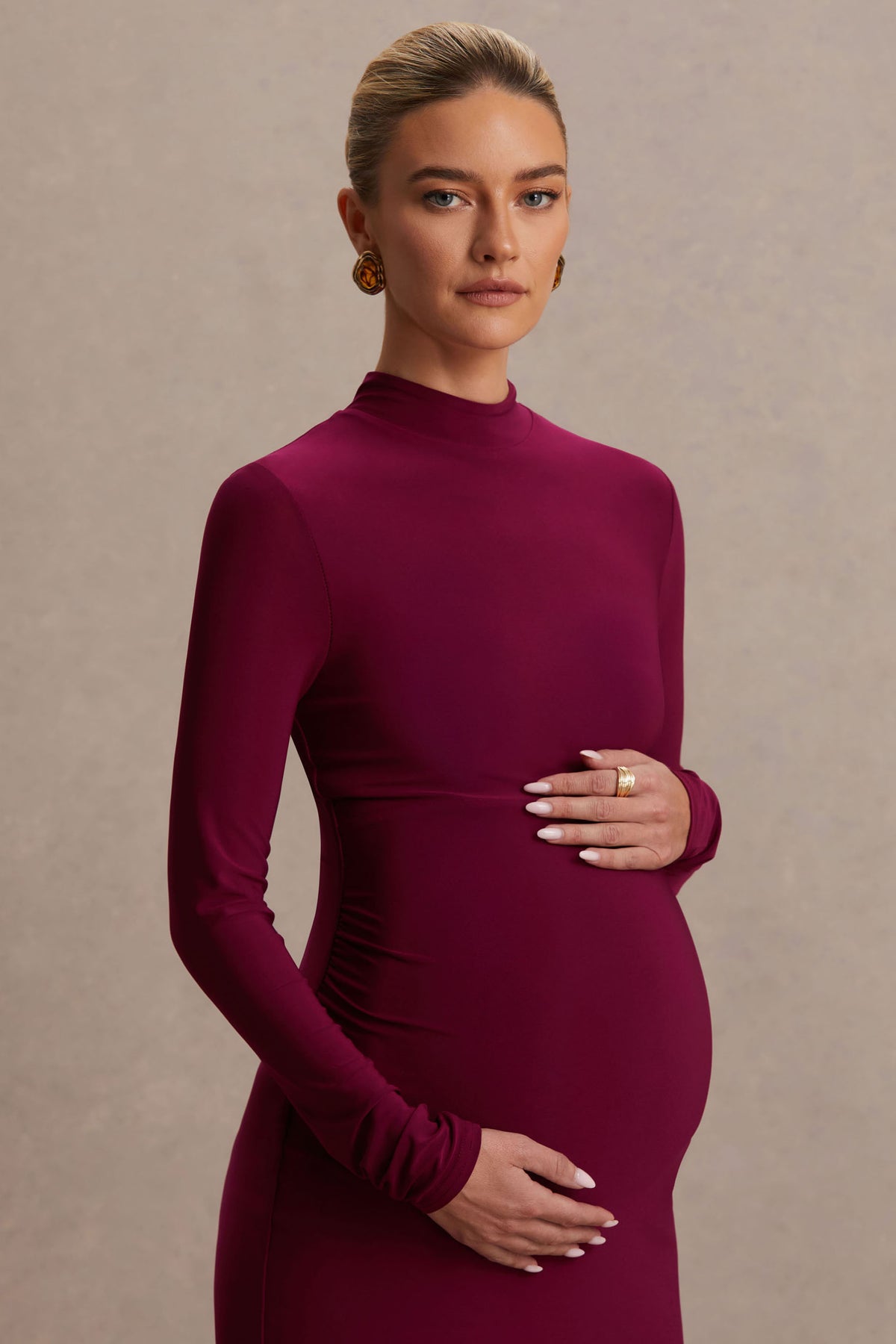 burgundy long sleeve maternity dress Burgundy Velvet Maternity Dress: Long Sleeve Velour Gown
