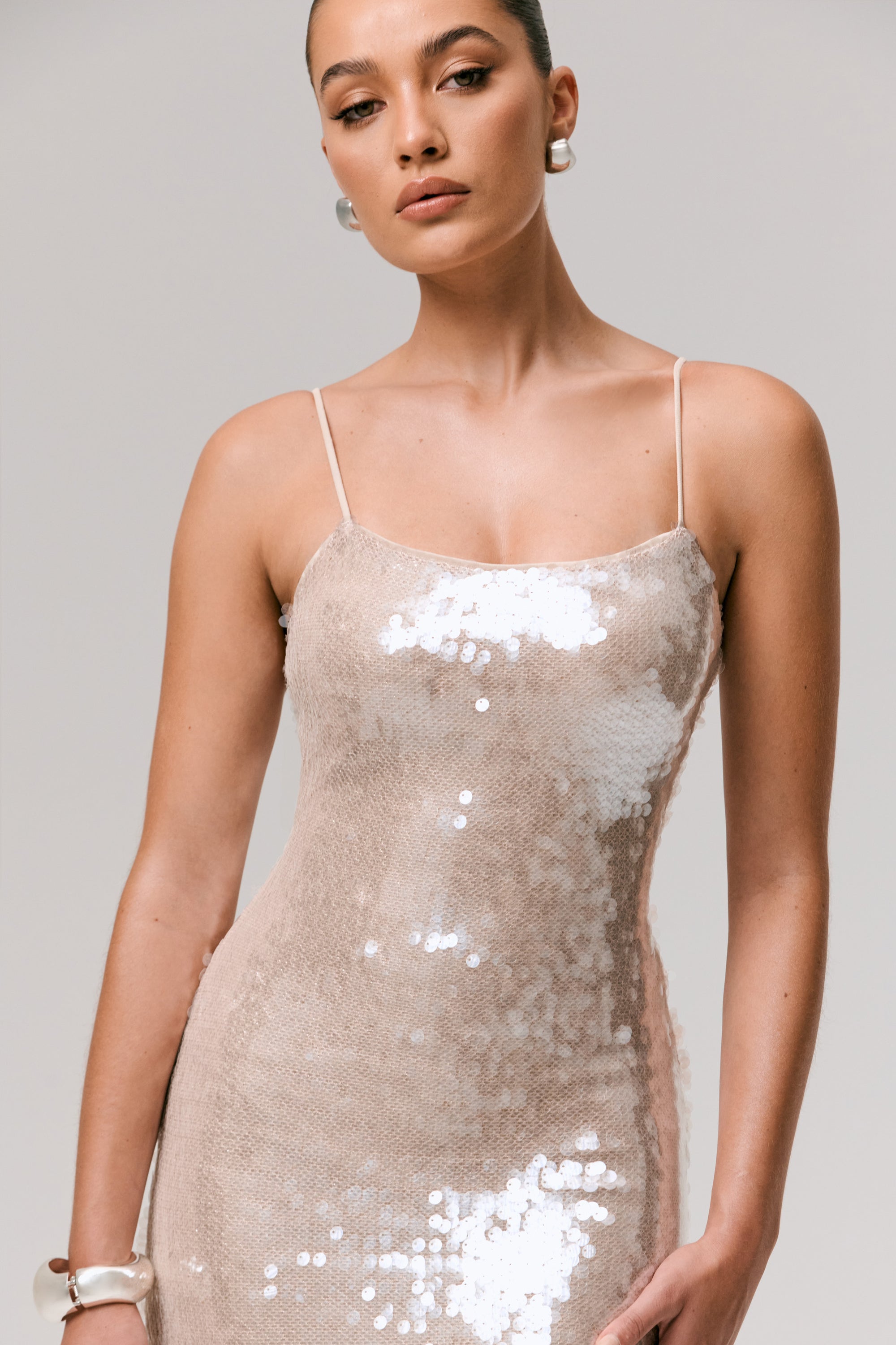 Vermont | Nude Sequin Square-Neck Maxi Dress – Club L London