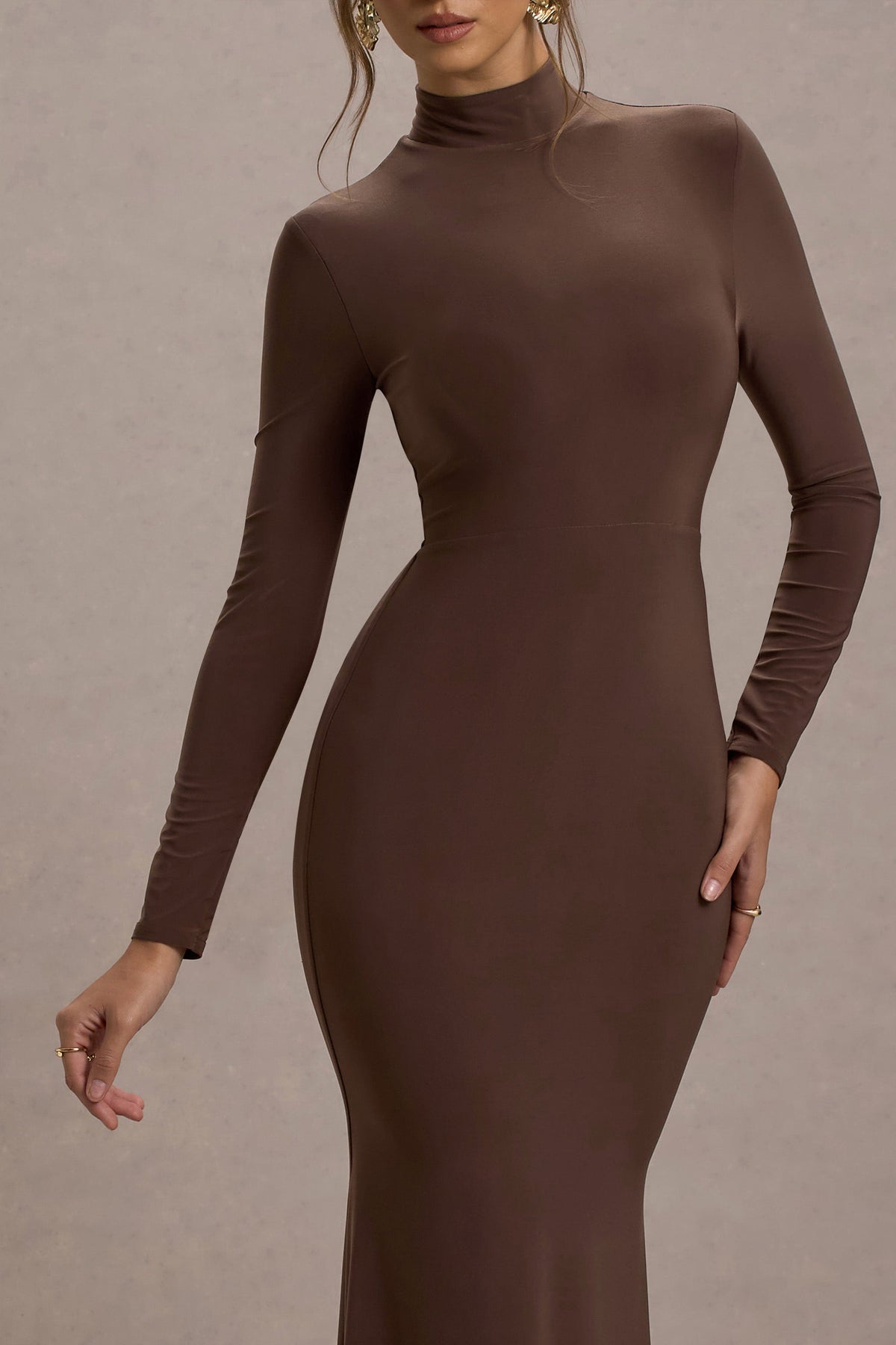 Tova | Chocolate High-Neck Long-Sleeve Maxi Dress