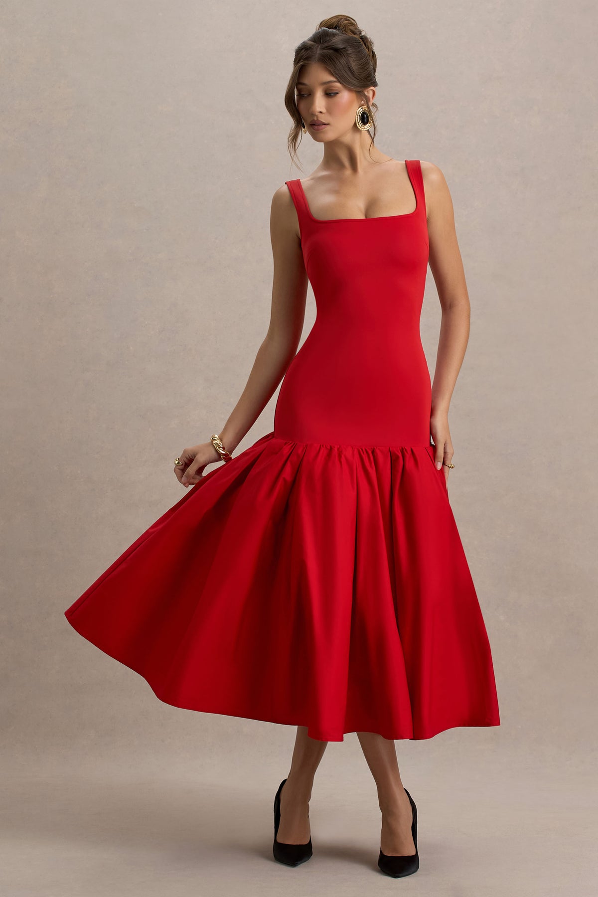 knee length dresses for ladies Parida Red Poplin Drop-Waist Midi Dress With Peplum Hem Club L London knee length dresses for ladies Parida Red Poplin Drop-Waist Midi Dress With Peplum Hem Club L London