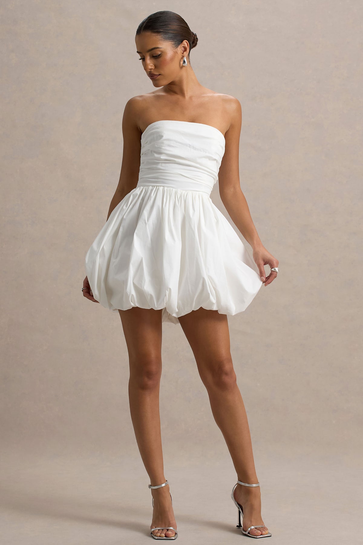 Faye White Puff Ball Bandeau Micro Mini Dress With Ruching Details – Club L London