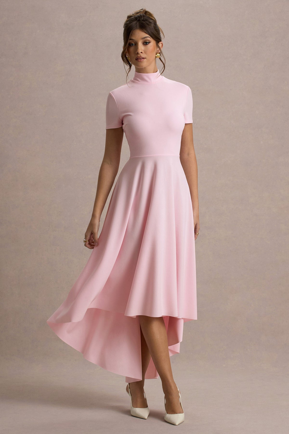 high neck pink midi dress Cozy Memories Pink Midi Dress