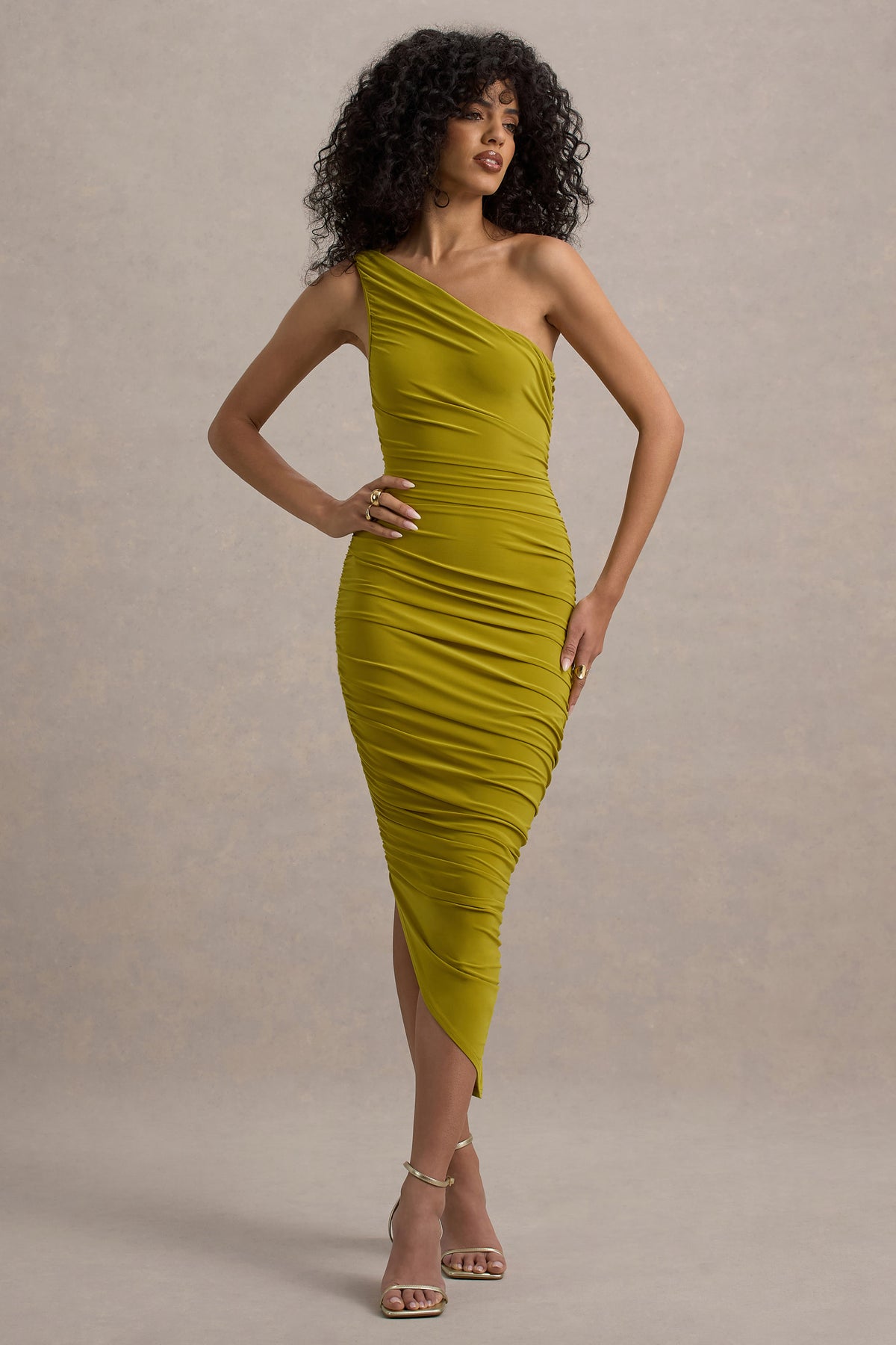 asymmetric ruched midi dress Atlein Asymmetric Ruched Midi Dress