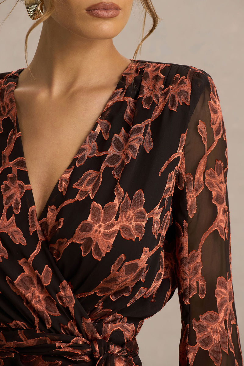 Lindsey Black And Rust Plunge-Neck Wrap Mini Dress With Bell Sleeves ...
