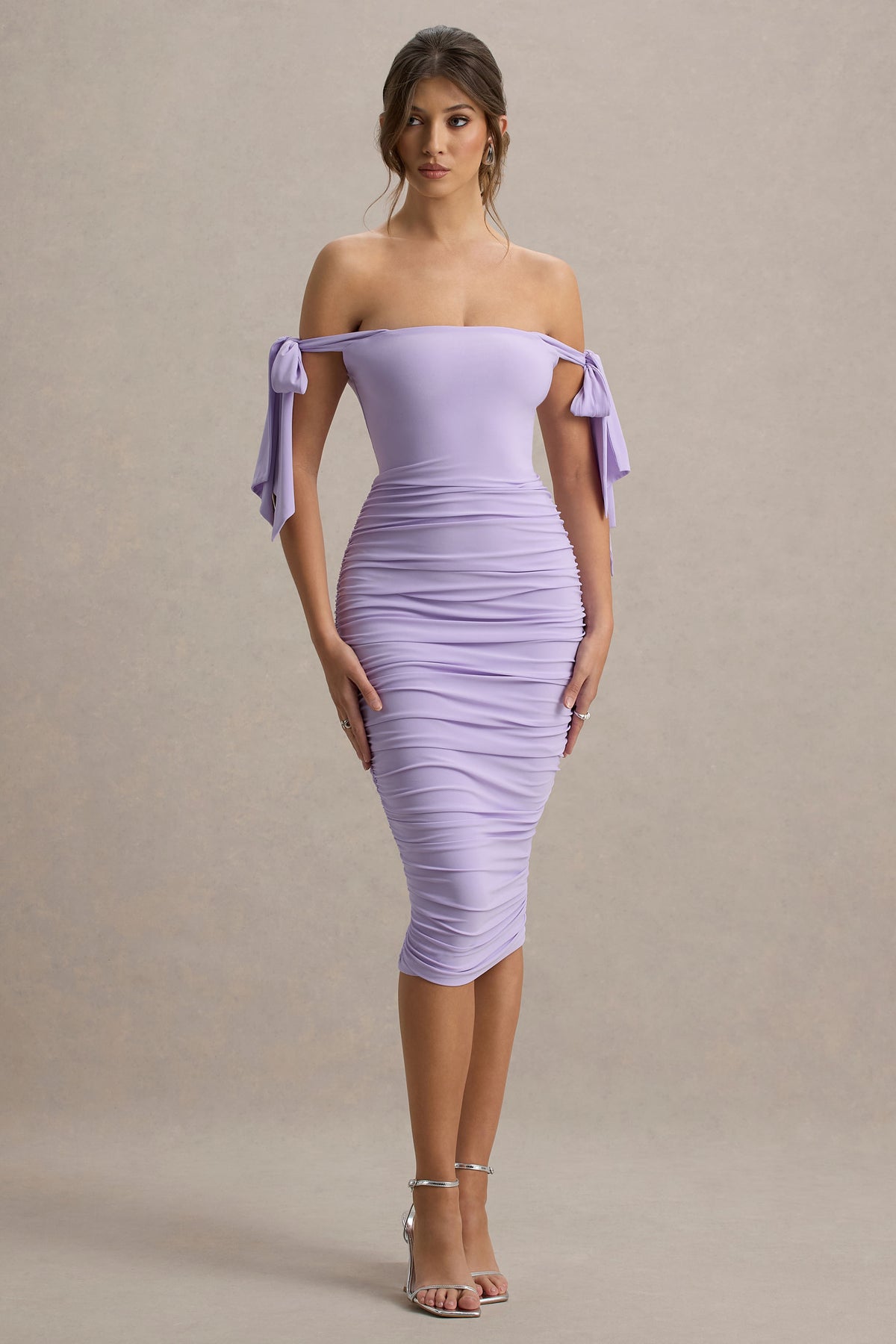 Citrus Lilac Bardot Bodycon Midi Dress With Bow Sleeves Club L London - SA Citrus Lilac Bardot Bodycon Midi Dress With Bow Sleeves Club L London - SA