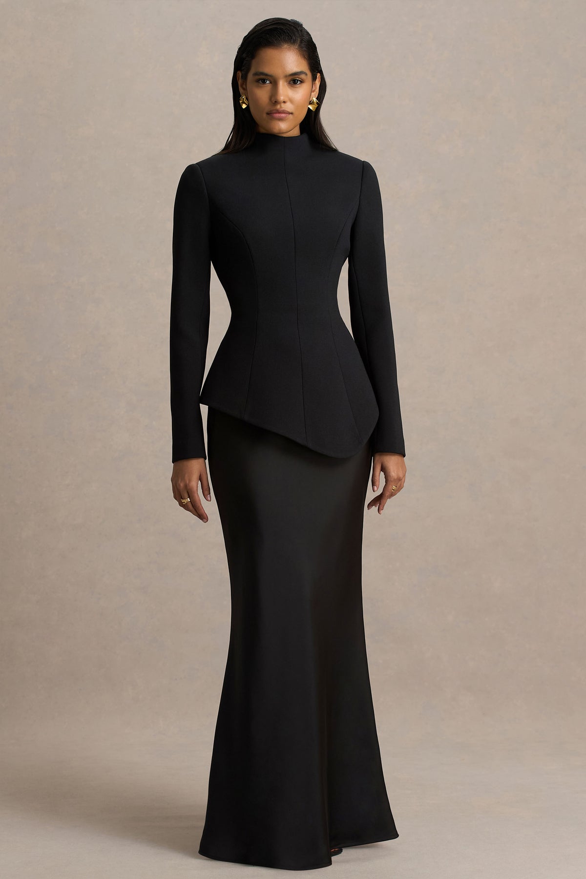Pepita Black High-Neck Tailored Maxi Dress With Drop-Waist And Satin Club L London - SA Pepita Black High-Neck Tailored Maxi Dress With Drop-Waist And Satin Club L London - SA