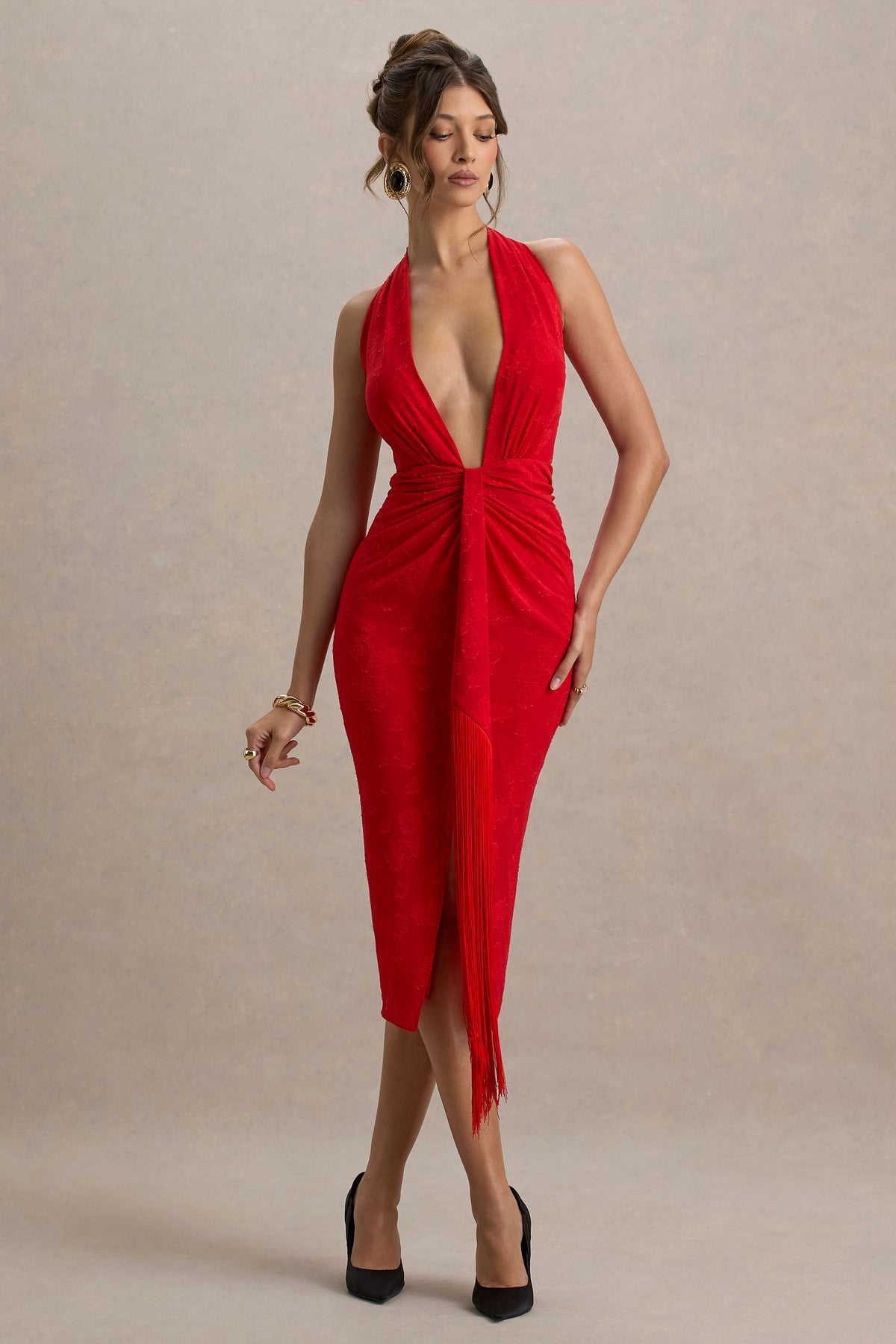 Auria Red Satin Plunge-Neck Midi Dress With Fringe Details – Club L London 