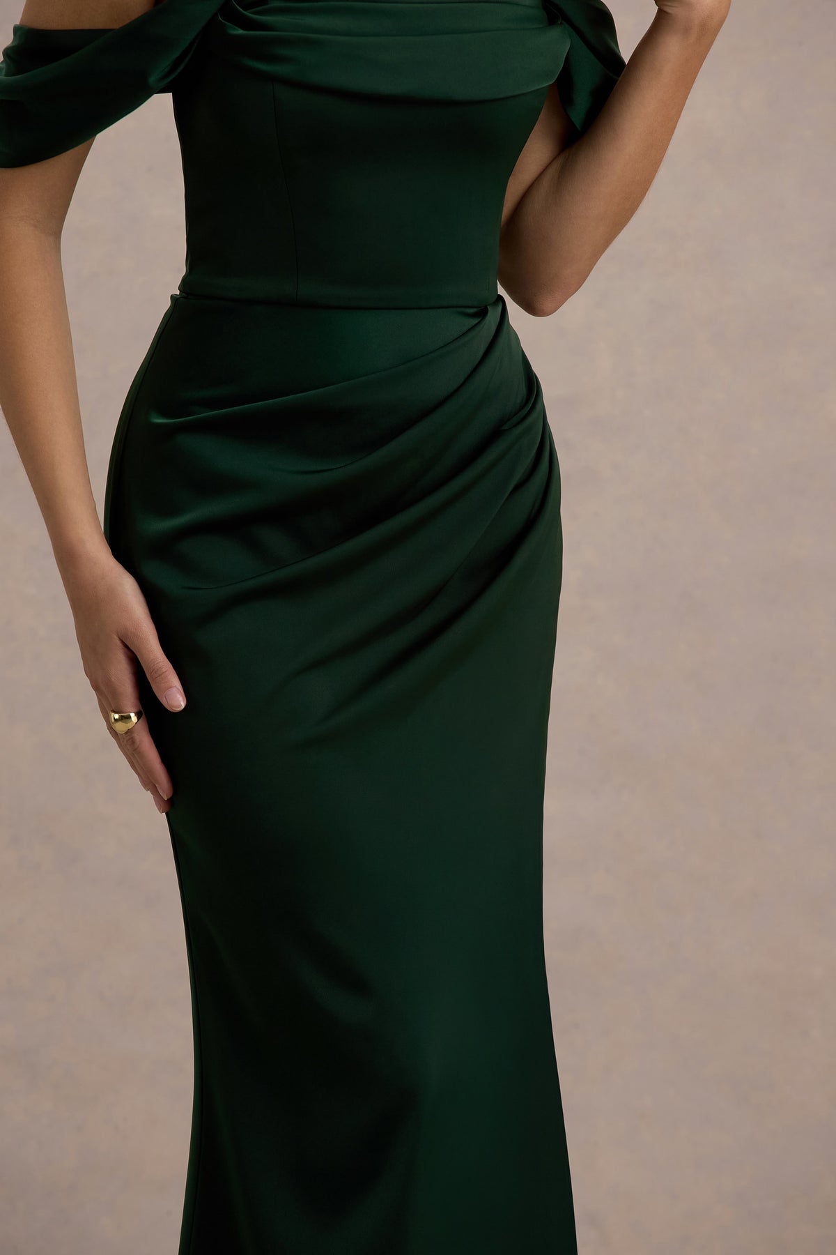 Annie Bottle Green Satin Bardot Maxi Dress With Split Wrap Skirt Club L London - SA Annie Bottle Green Satin Bardot Maxi Dress With Split Wrap Skirt Club L London - SA