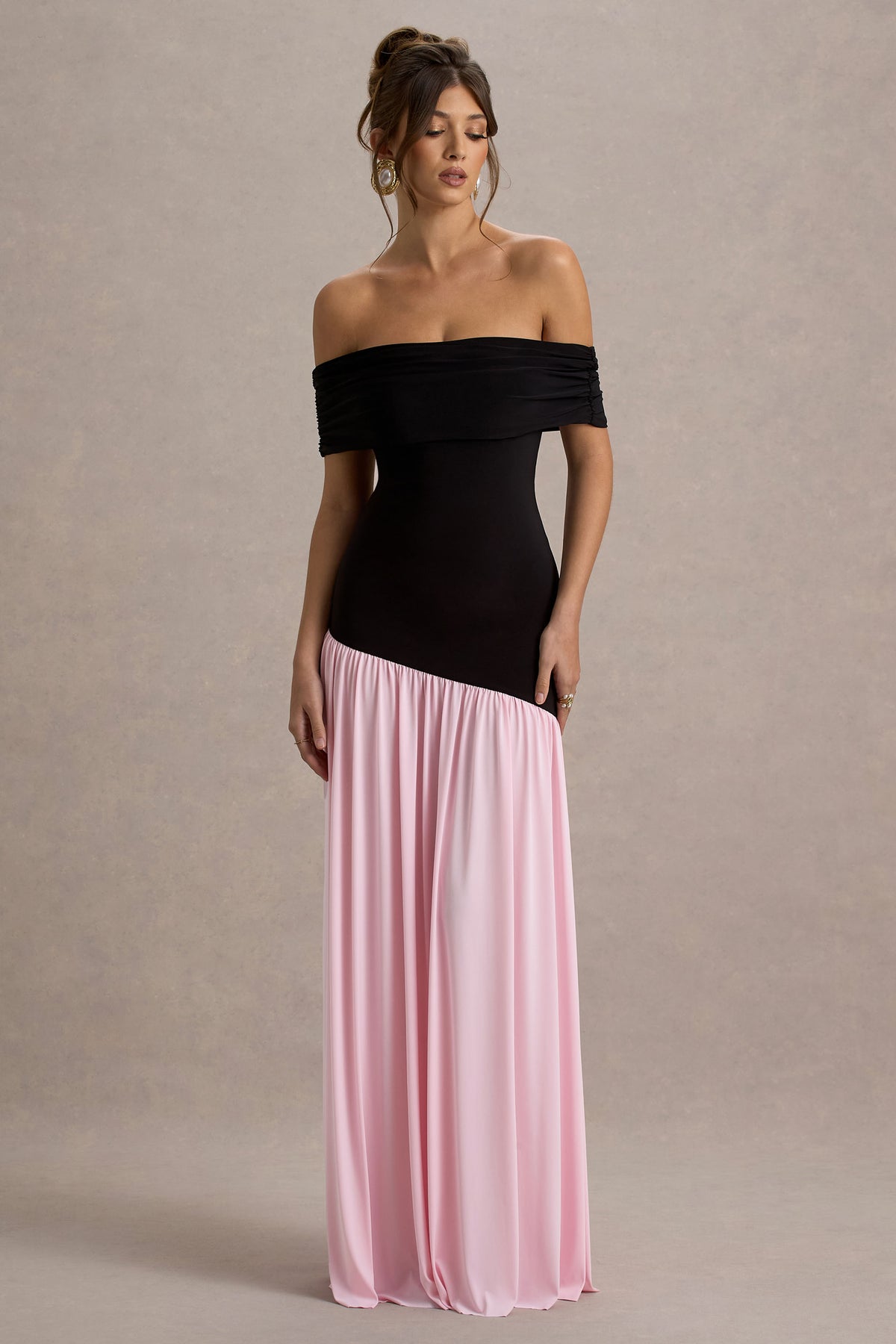 pink and black club dresses Adara | Pink & Black Asymmetric-Neck Maxi Dress With Bow-Detail Club L London