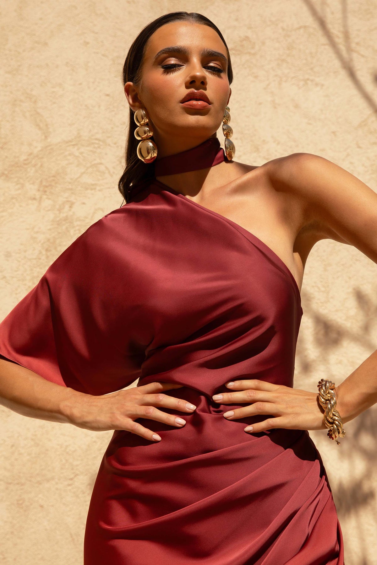 embellished maxi dress in red and orange ombr Coralie Red and Orange Ombre Satin Asymmetric Maxi Dress Club L London