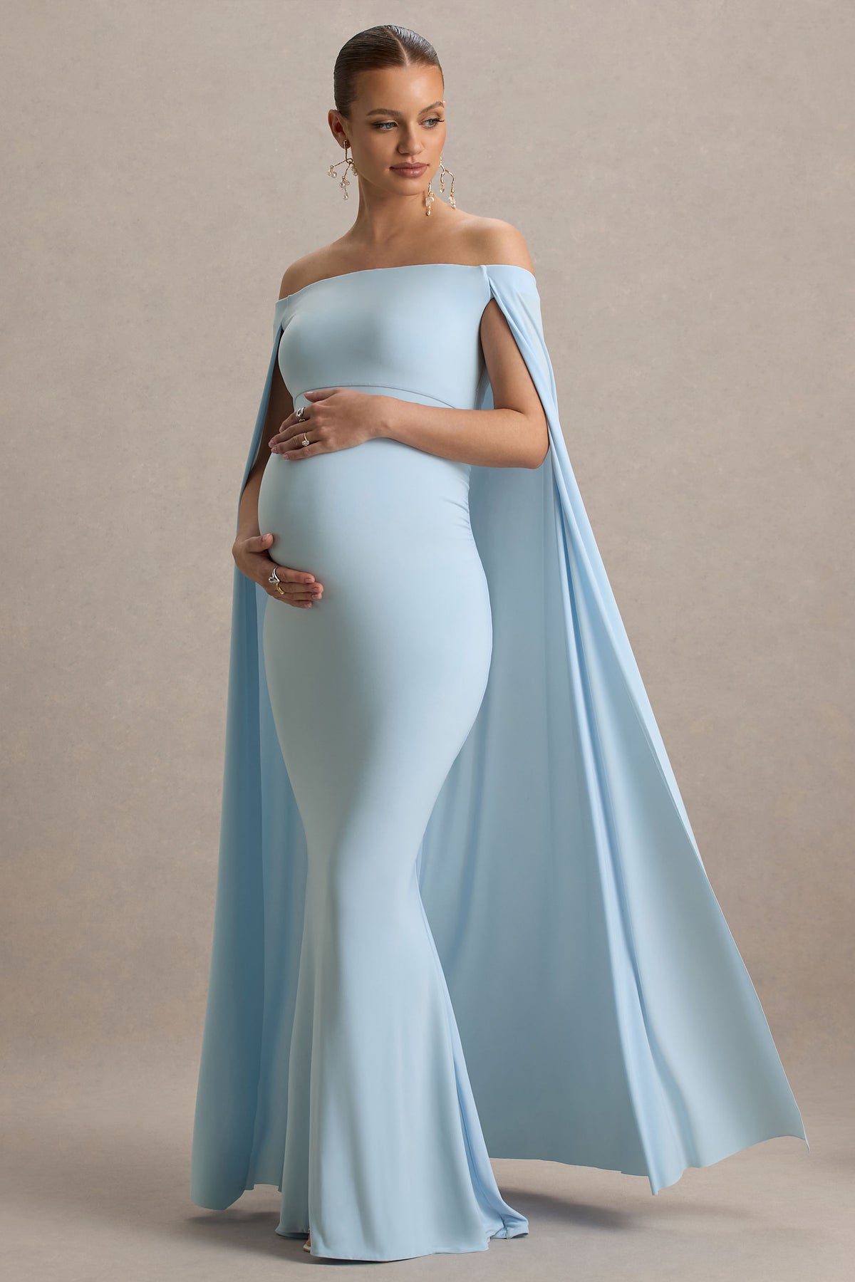 Radiance Powder Blue Bardot Maternity Maxi Dress With Cape Club L London - SA Radiance Powder Blue Bardot Maternity Maxi Dress With Cape Club L London - SA