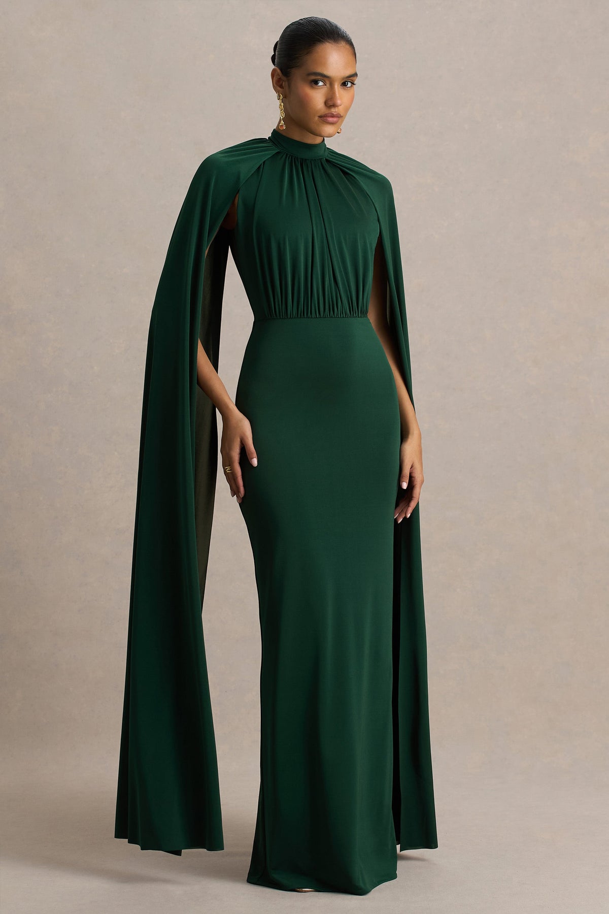 Darielle Bottle Green High-Neck Cape-Sleeve Maxi Dress – Club L London