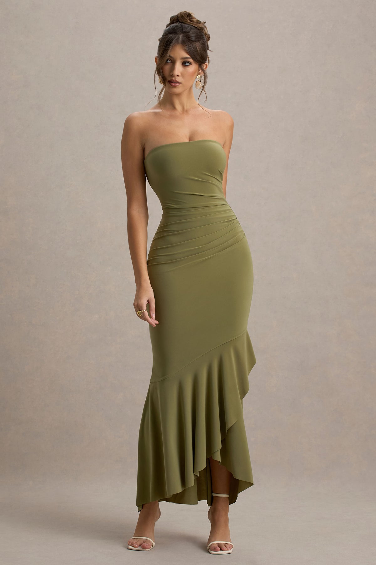 Capria Olive Green Bandeau Wrap Maxi Dress Club L London - SA Capria Olive Green Bandeau Wrap Maxi Dress Club L London - SA