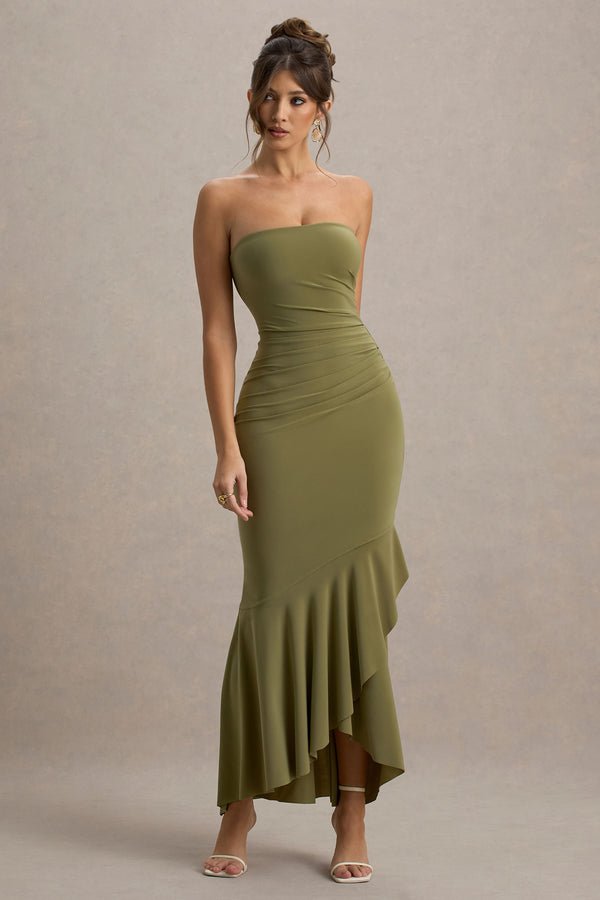 Capria Olive Green Bandeau Wrap Maxi Dress – Club L London