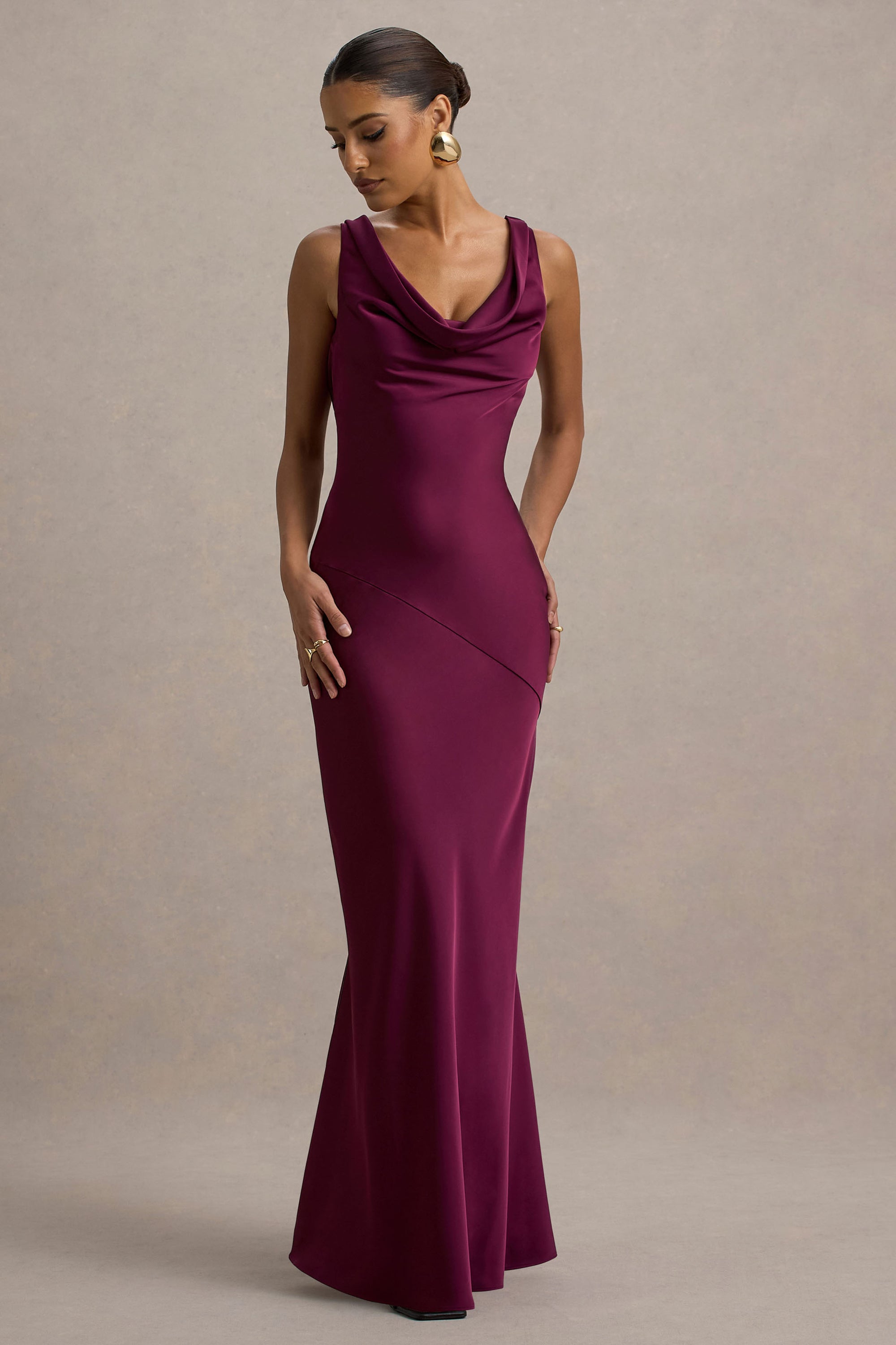 Alesso | Burgundy Satin Cowl-Neck Maxi Dress – Club L London