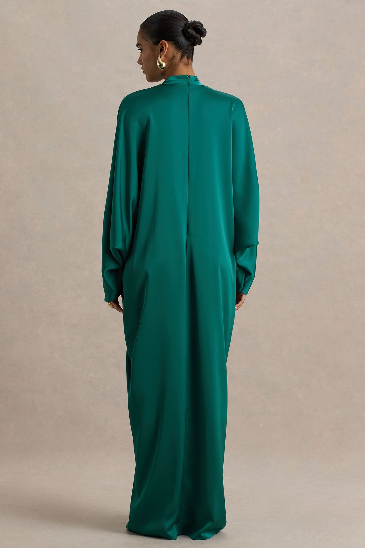 Tina Dark Green Satin Plunge-Neck Embellished Maxi Dress Club L London - SA Tina Dark Green Satin Plunge-Neck Embellished Maxi Dress Club L London - SA