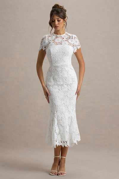 Clarissa White Lace Short-Sleeve Pleated Midi Dress – Club L London