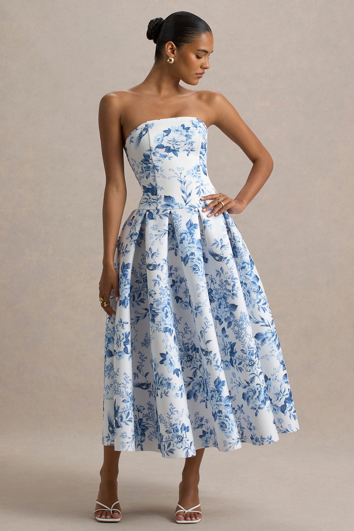 Alaina Blue Porcelain Print Bandeau Midi Dress With Volume Skirt Club L London - SA Alaina Blue Porcelain Print Bandeau Midi Dress With Volume Skirt Club L London - SA
