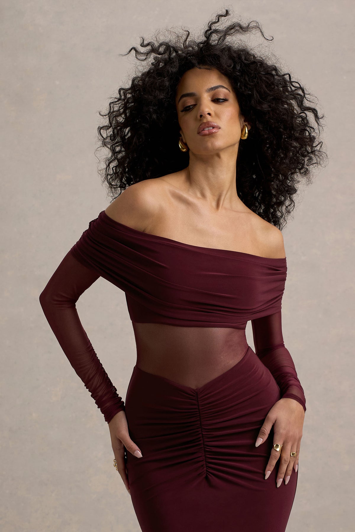 Ismeralda Burgundy Mesh Ruched Bardot Maxi Dress Club L London - SA Ismeralda Burgundy Mesh Ruched Bardot Maxi Dress Club L London - SA