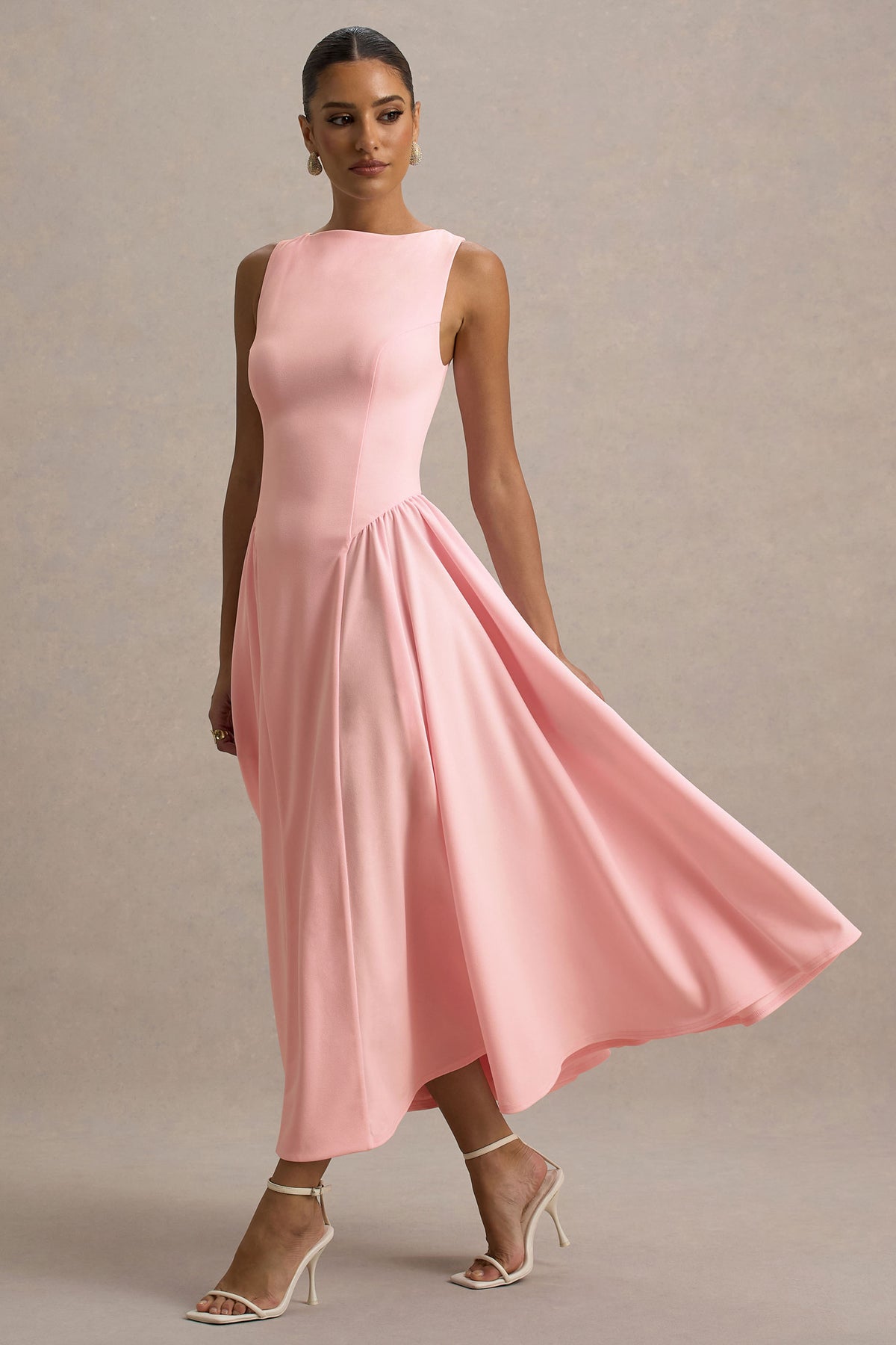Muriel Pink Boat-Neck Volume-Hem Midi Dress Club L London - SA Muriel Pink Boat-Neck Volume-Hem Midi Dress Club L London - SA