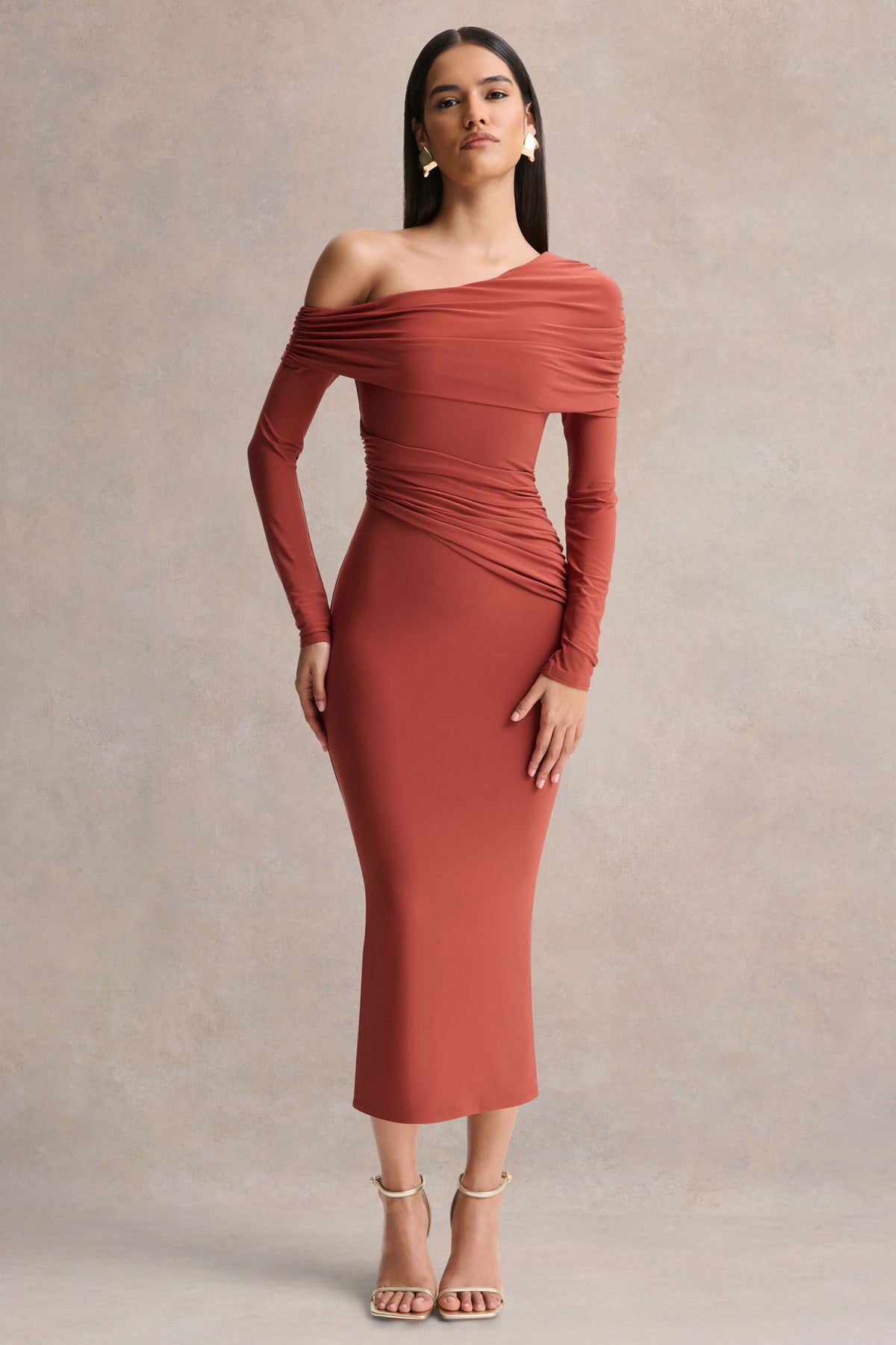 rust asymmetrical dress Baltic Born Womens Tatiana Velvet One Shoulder Maxi Dress | Rust