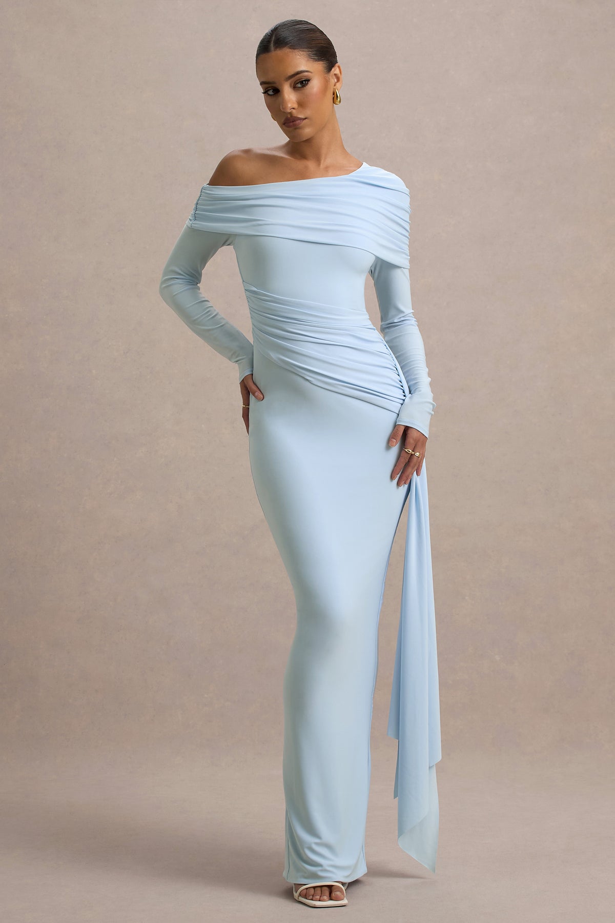 light blue club dress Savita | Powder BLUE Ruched Asymmetric Mini Dress With Drape