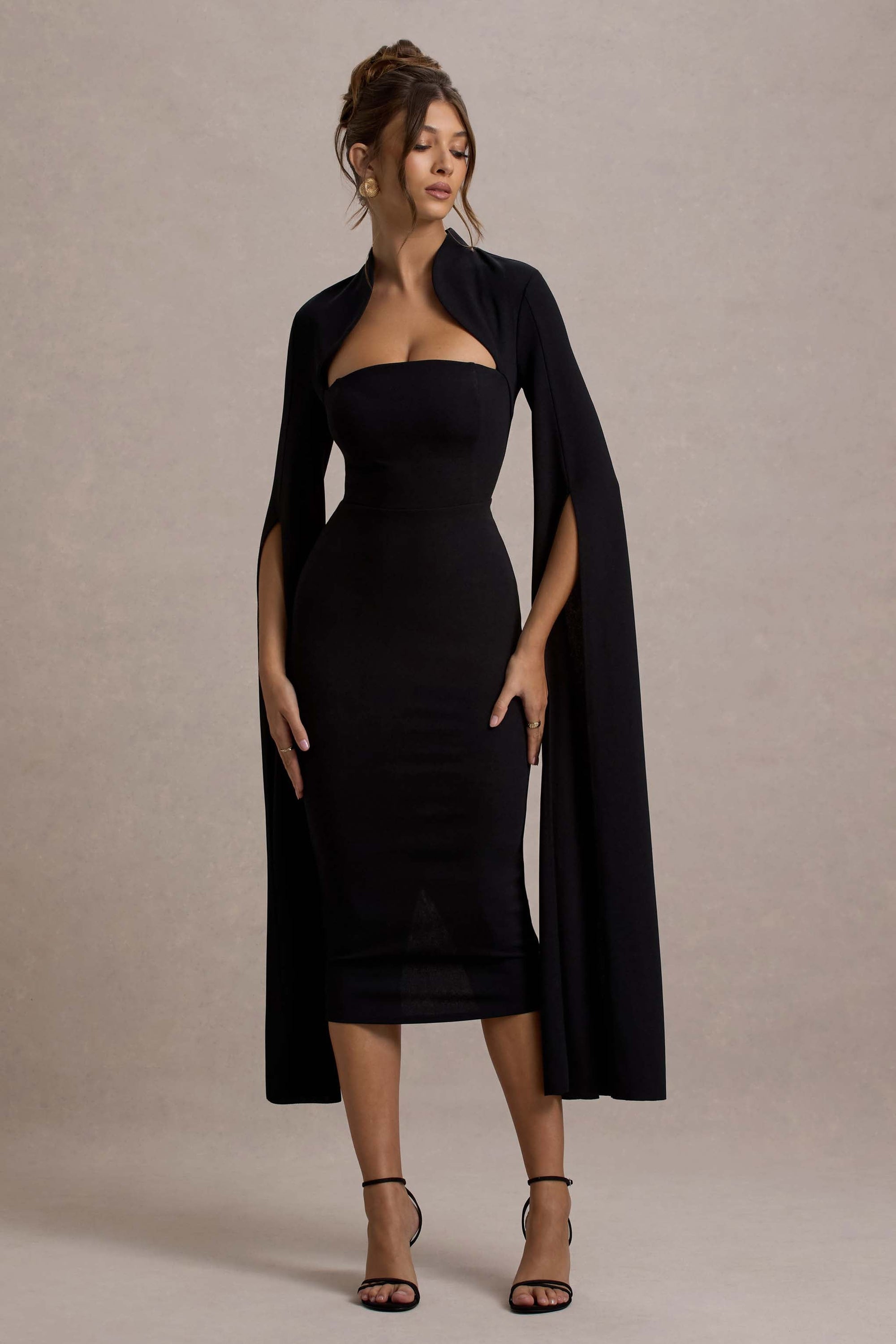 Linden | Black Bodycon Cape-Sleeve Midi Dress – Club L London