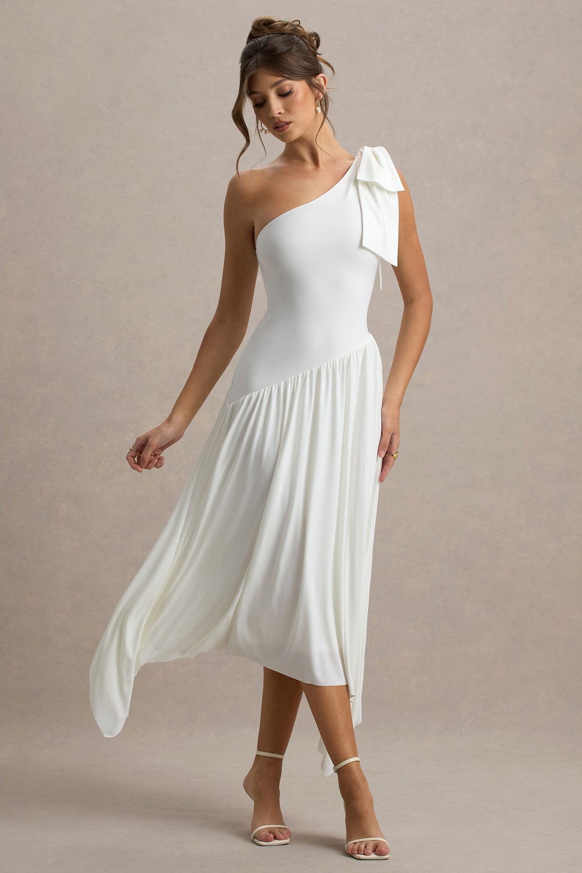 Lotus Love White One-Shoulder Hanky-Hem Maxi Dress With Bow Club L London - SA Lotus Love White One-Shoulder Hanky-Hem Maxi Dress With Bow Club L London - SA