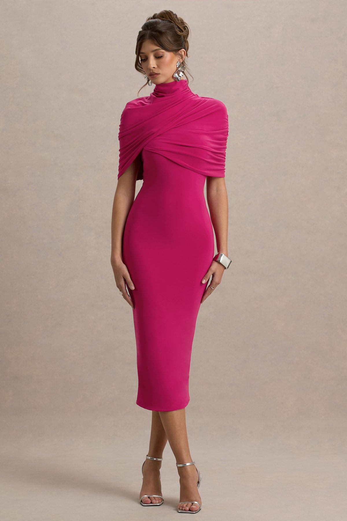 Cecille Hot Pink Midi Dress With Cape Sleeve Detail Club L London - SA Cecille Hot Pink Midi Dress With Cape Sleeve Detail Club L London - SA