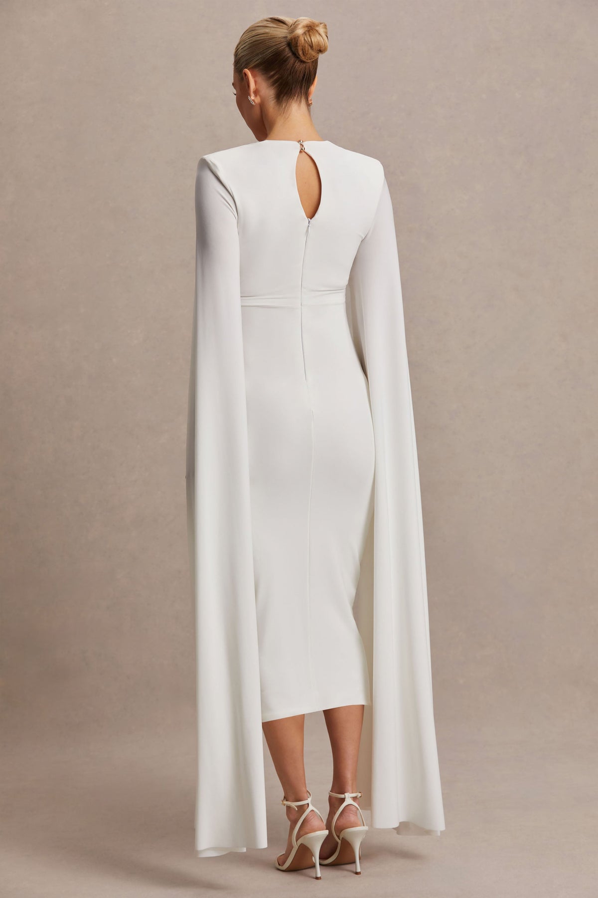 white square neck midi dress with cape sleeves White Jacquard Midi Dress, Elegant Square Neck Dress, Long Sleeve, Textured Cotton Dress, Classic White Dress, Timeless Elegance