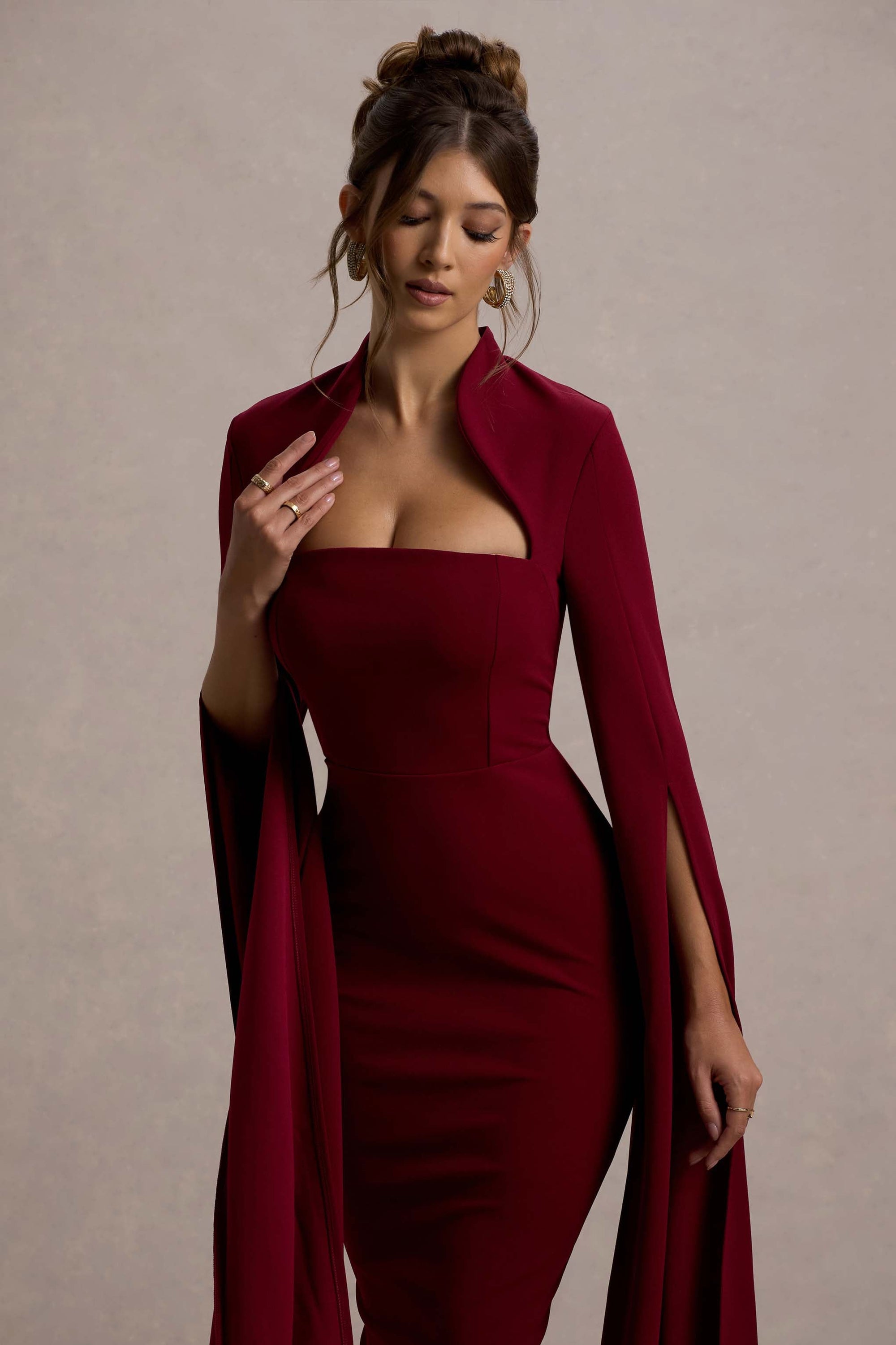 Linden | Burgundy Bodycon Cape-Sleeve Midi Dress – Club L London