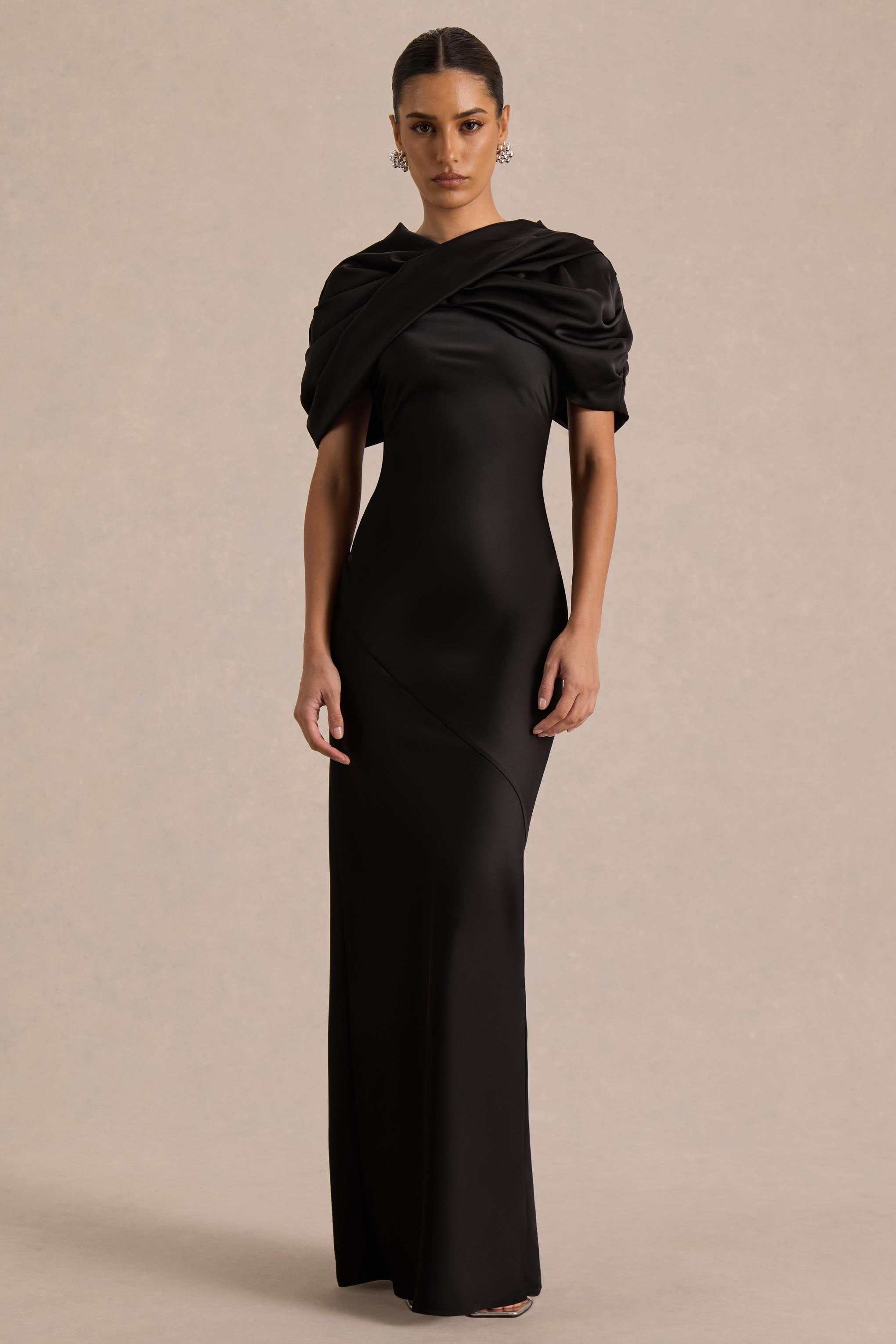 Yoli | Black Satin Maxi Dress With Removable Twist-Cape – Club L